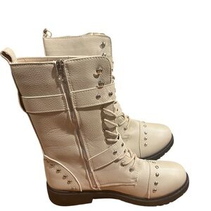 Seven7 Women's Beige Combat Boots with Studs